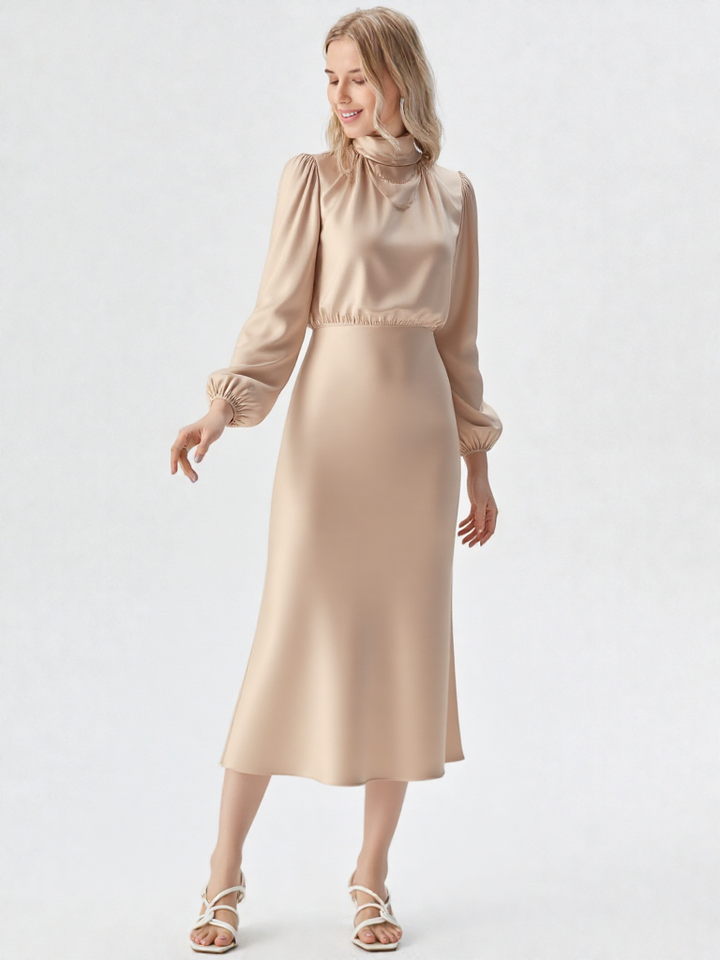 Bodycon Midi Jurk – Lantaren Mouwen, Hoge Taille, Geplooid