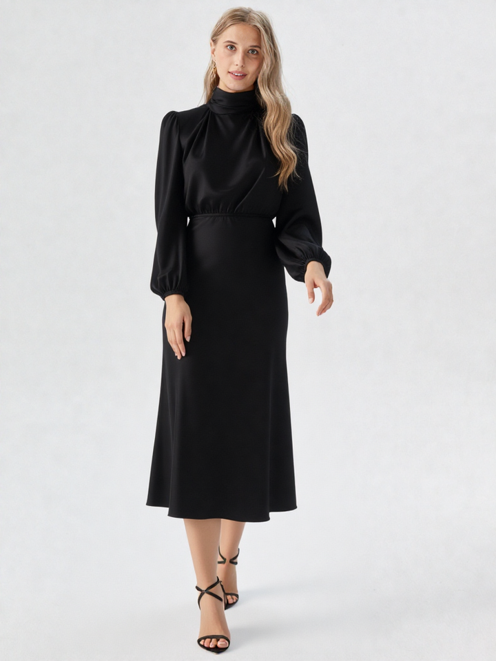Bodycon Midi Jurk – Lantaren Mouwen, Hoge Taille, Geplooid