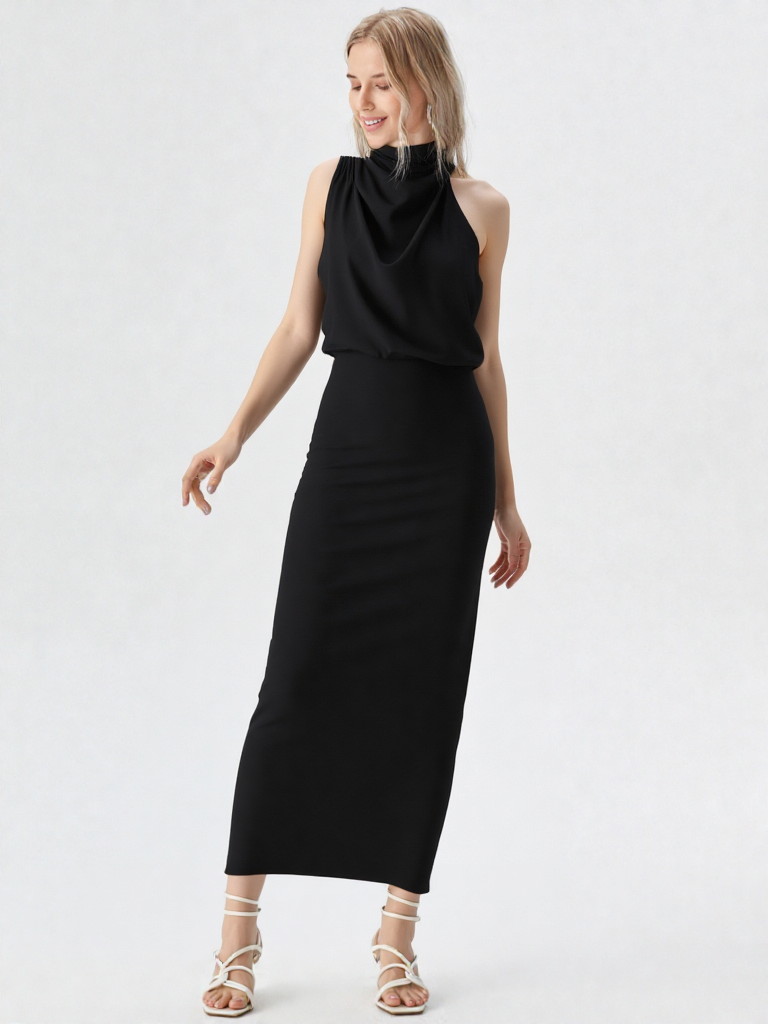 Midi Mock Neck Satijn Look Jurk – A-lijn, Mouwloos