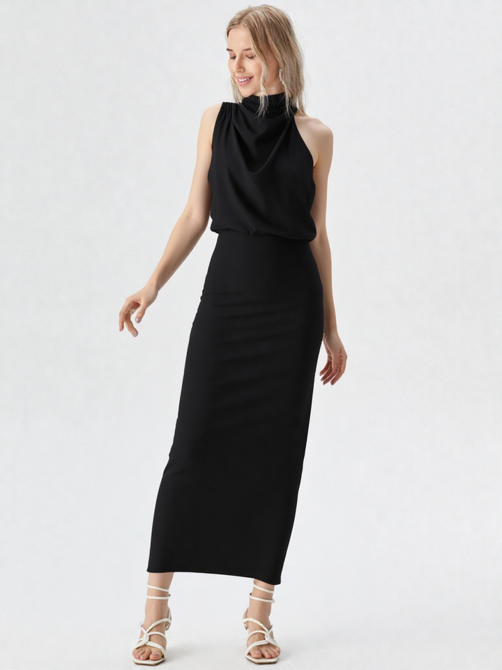 Midi Mock Neck Satijn Look Jurk – A-lijn, Mouwloos