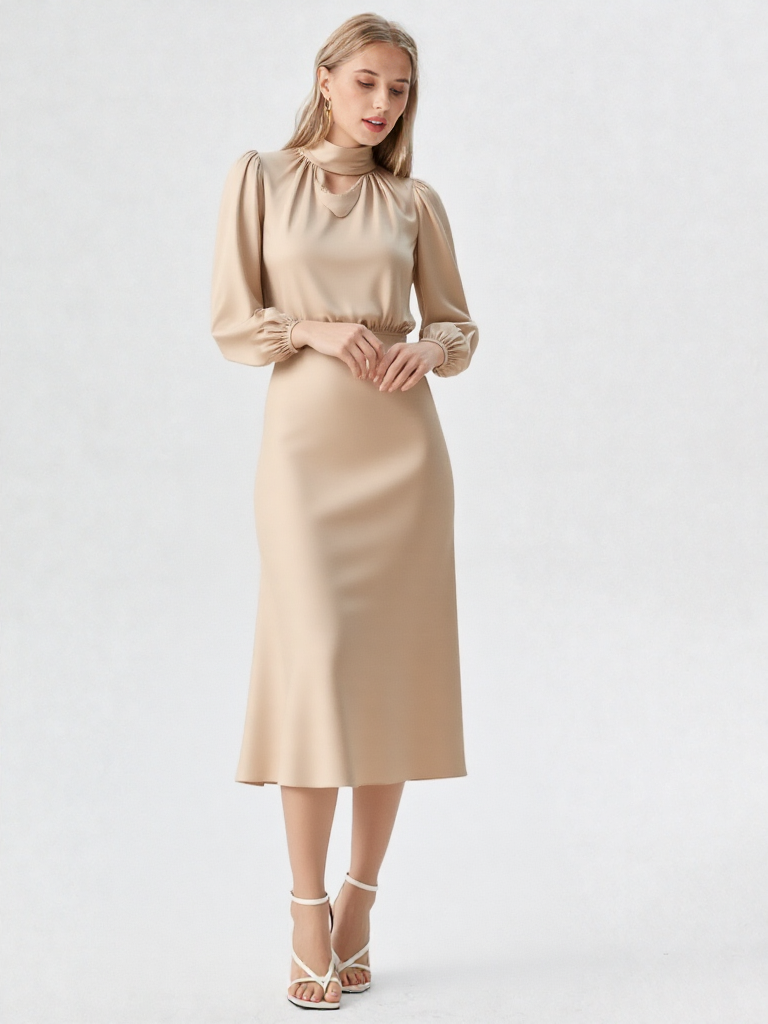 Bodycon Midi Jurk – Lantaren Mouwen, Hoge Taille, Geplooid