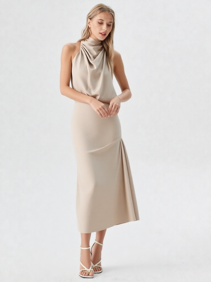 Midi Mock Neck Satijn Look Jurk – A-lijn, Mouwloos