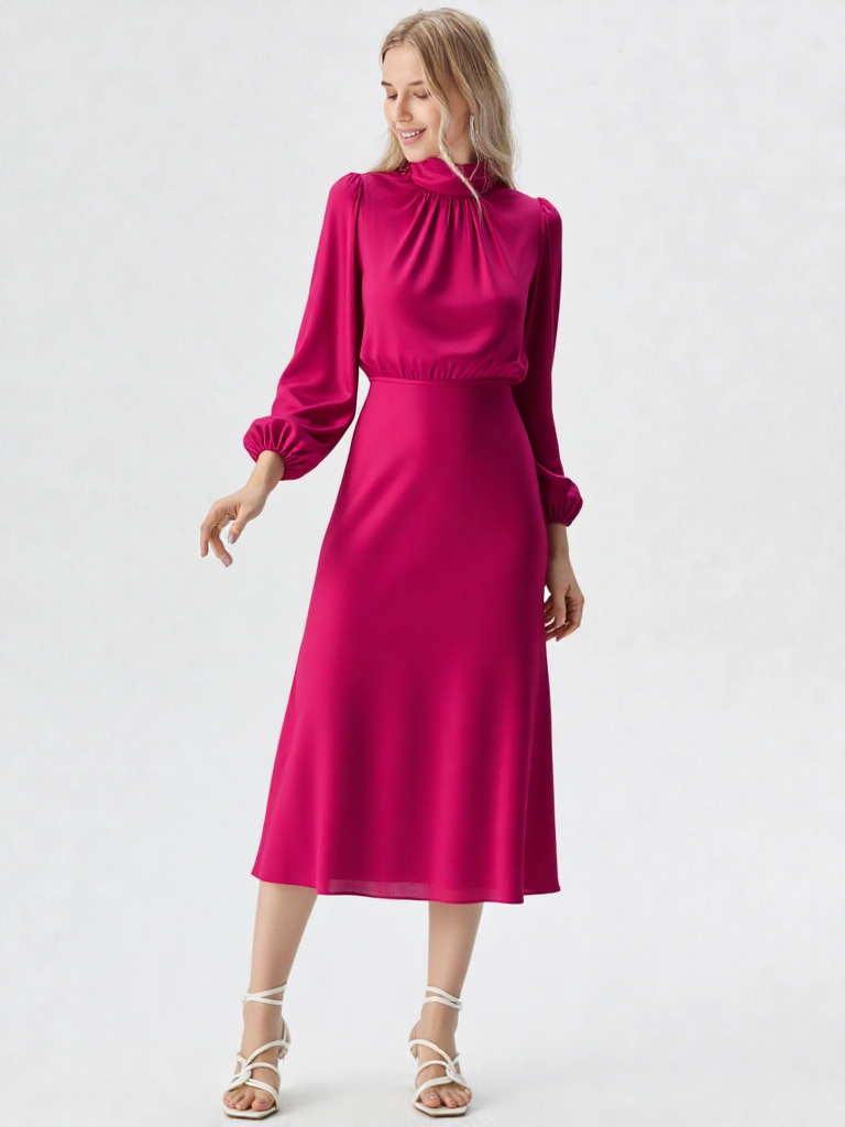 Bodycon Midi Jurk – Lantaren Mouwen, Hoge Taille, Geplooid