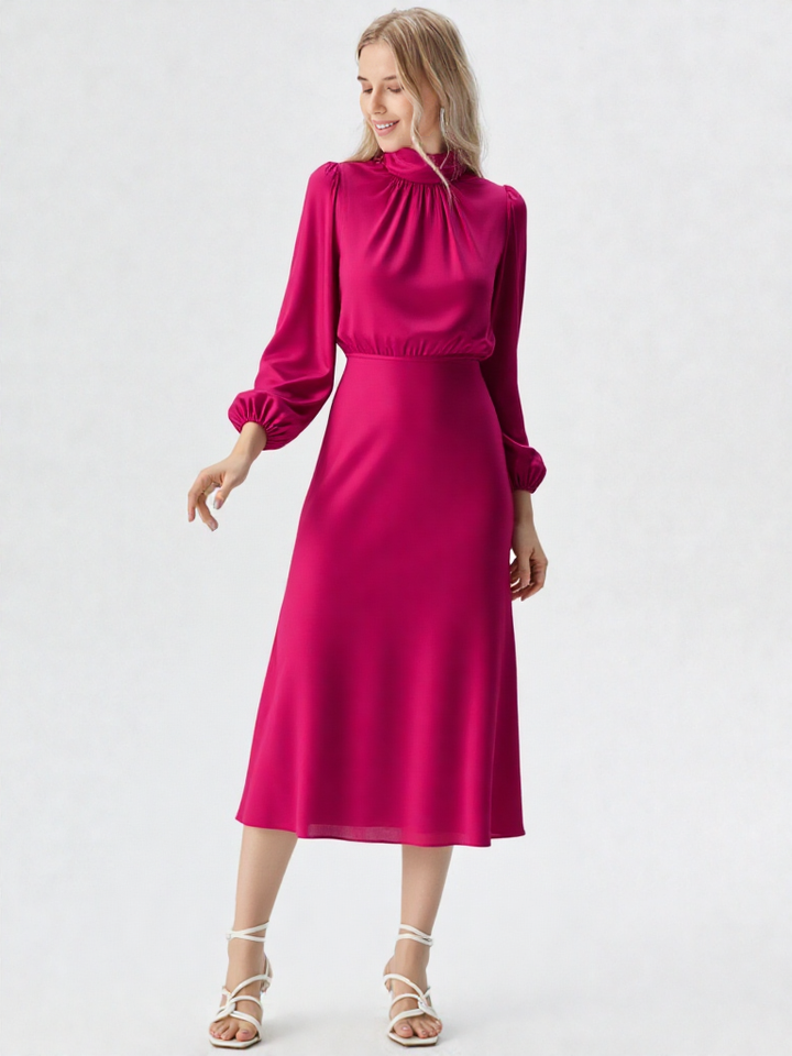 Bodycon Midi Jurk – Lantaren Mouwen, Hoge Taille, Geplooid