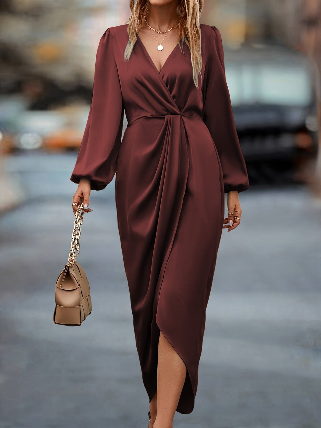 Anna | Elegante Dames Midi Jurk Overslag Lange Mouwen