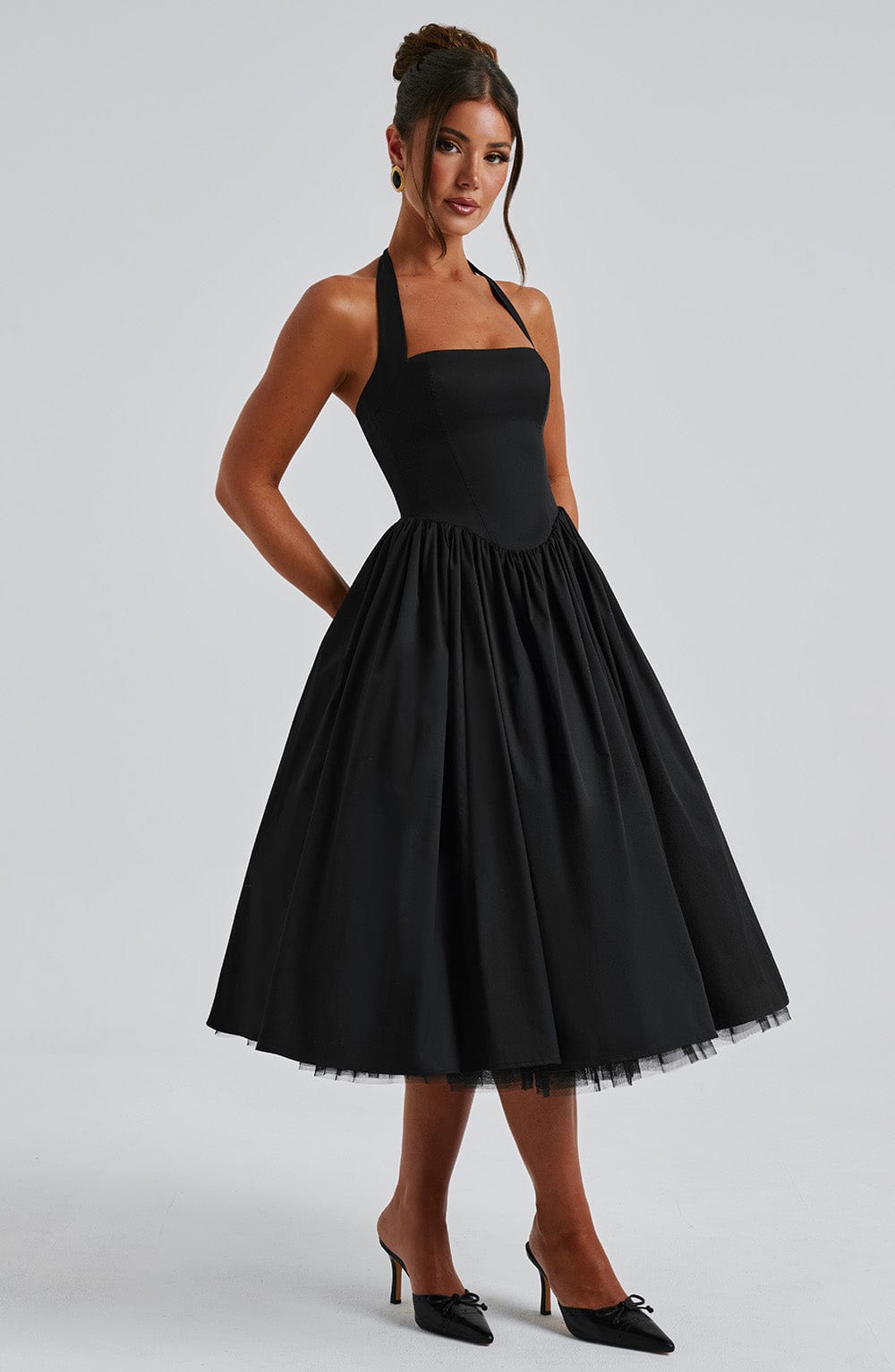 Avelina | Elegante Dames Halter Midi Jurk voor Bruiloftsgasten