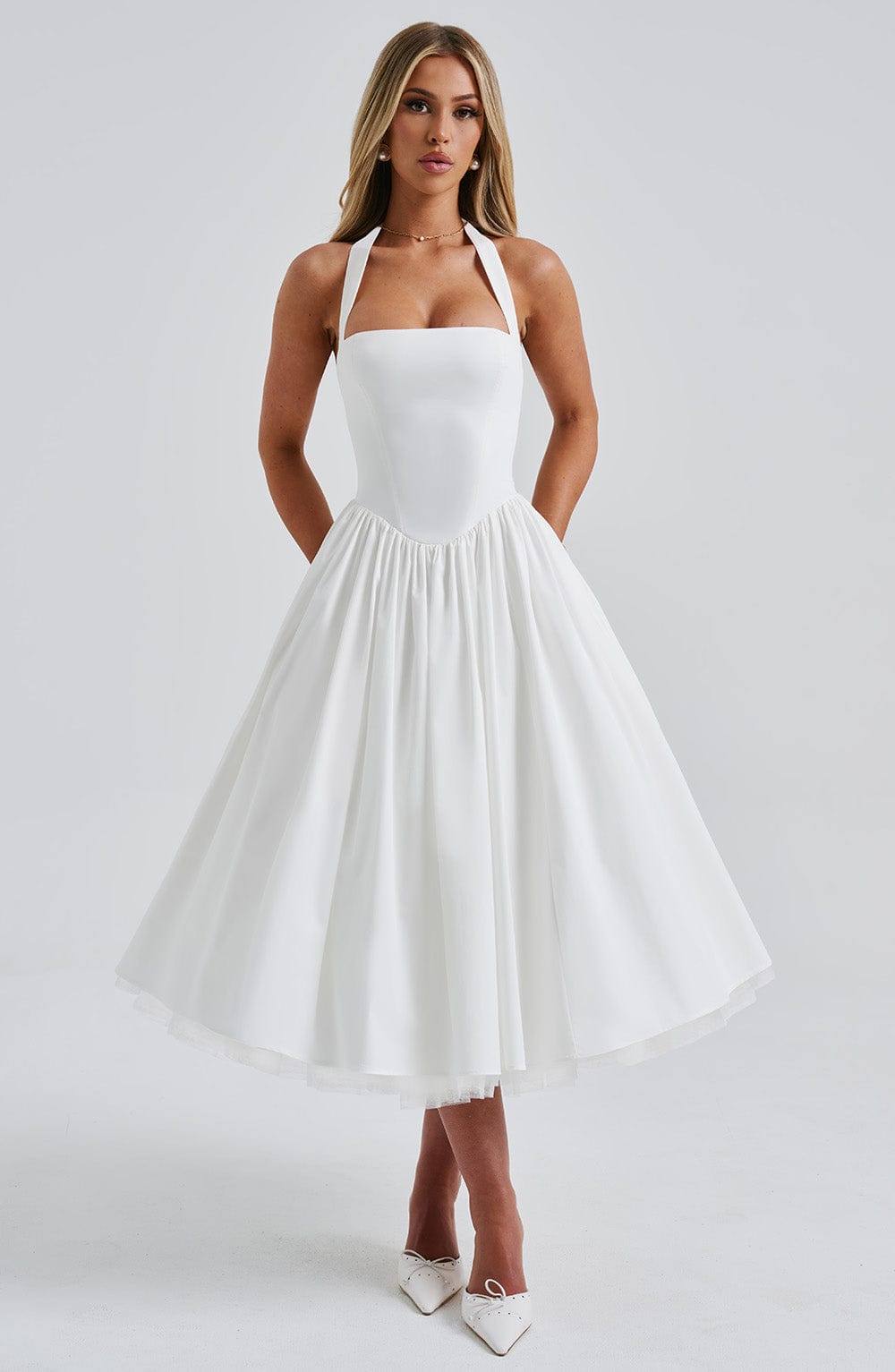 Avelina | Elegante Dames Halter Midi Jurk voor Bruiloftsgasten