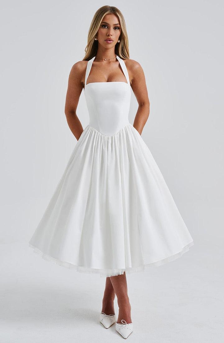 Avelina | Elegante Dames Halter Midi Jurk voor Bruiloftsgasten