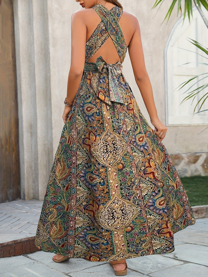 Chantal | Dames Halterjurk Maxi Boho Paisley Gekruist Zijsplit Mouwloos Strand