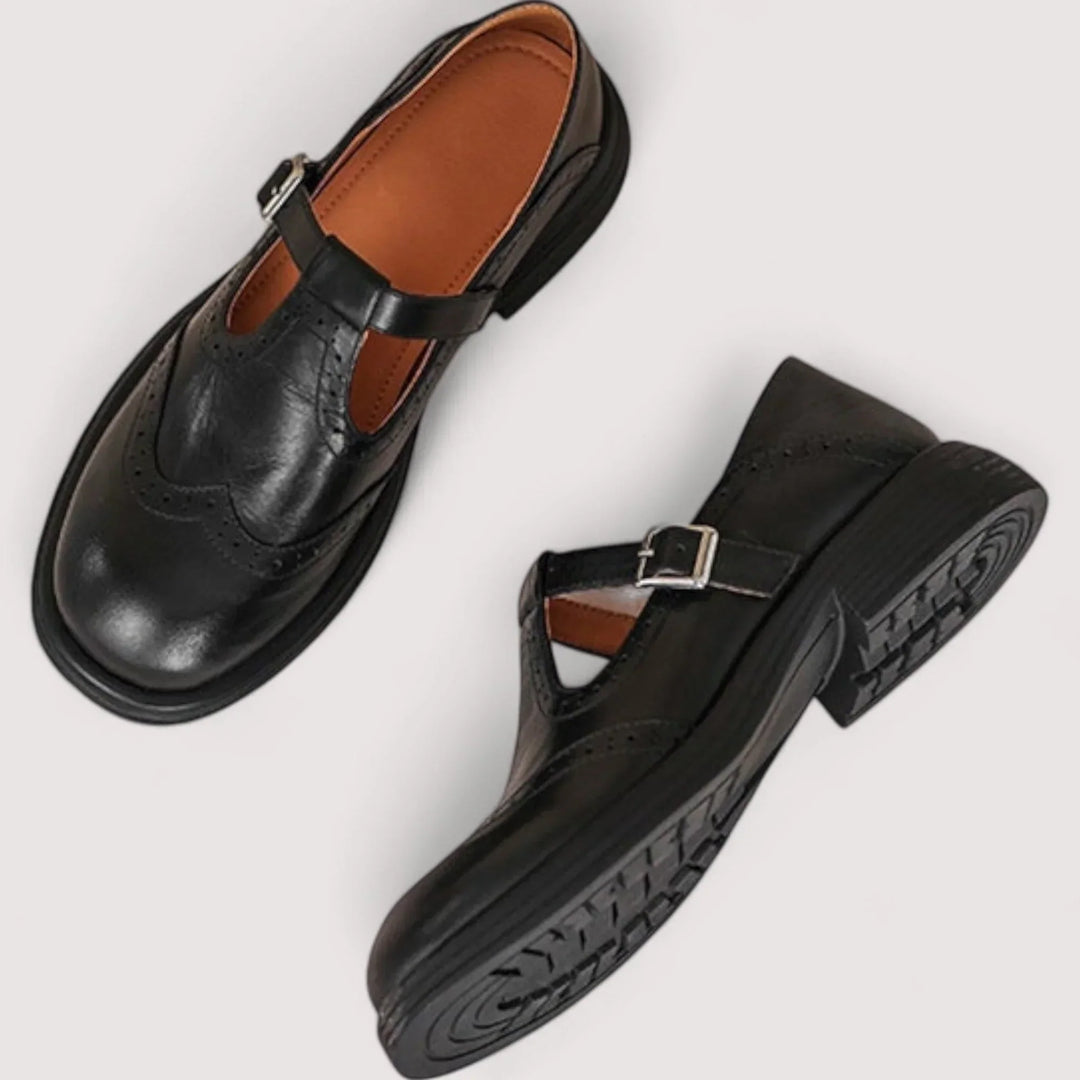 Daan | Dames Mary Jane Brogue T Bar Blokhak Schoenen