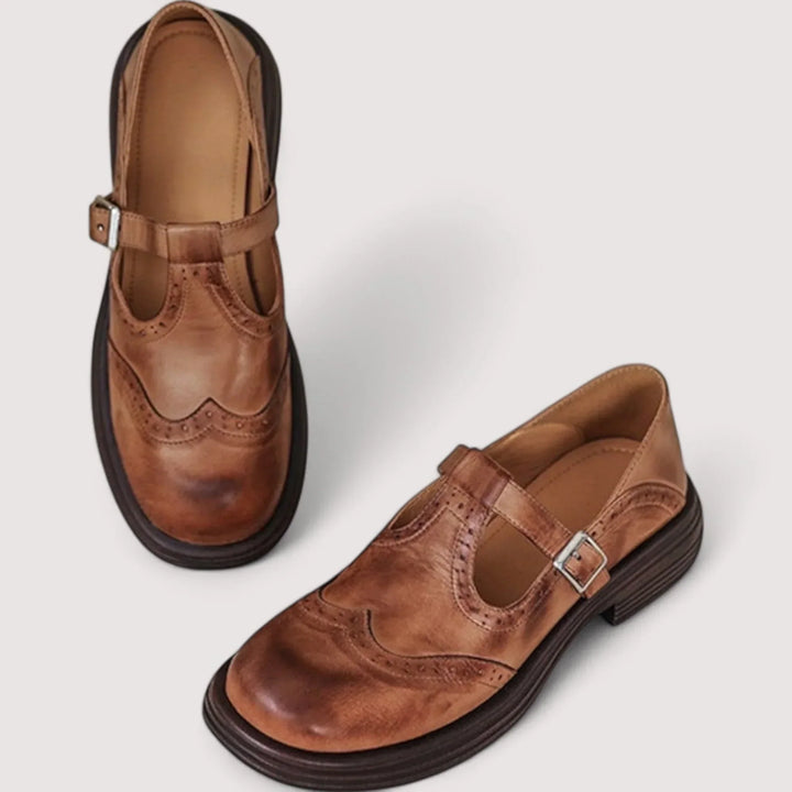 Daan | Dames Mary Jane Brogue T Bar Blokhak Schoenen