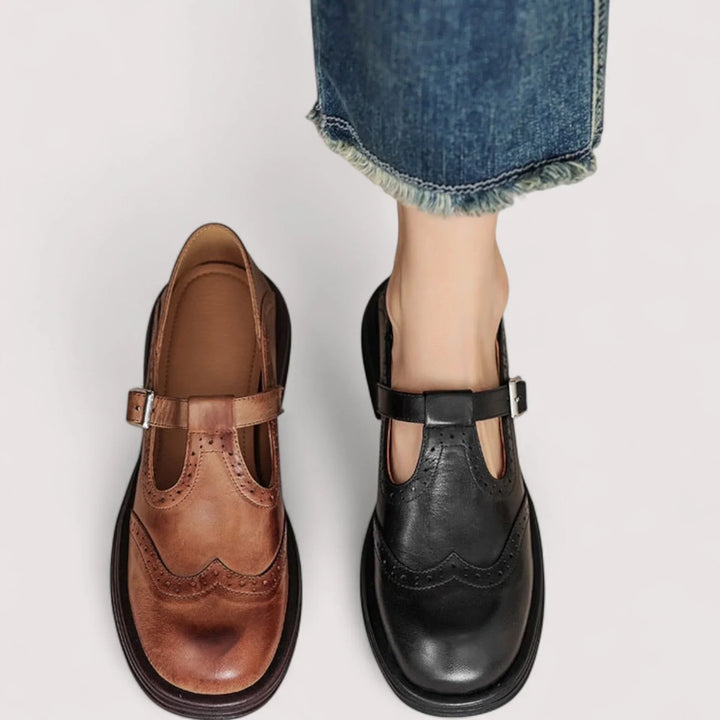 Daan | Dames Mary Jane Brogue T Bar Blokhak Schoenen