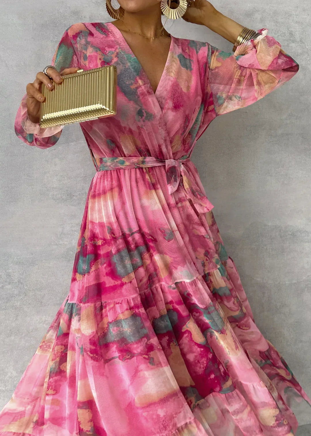 Elara | Elegante Dames Maxi Wikkeljurk met Bloemenprint en Lange Mouwen