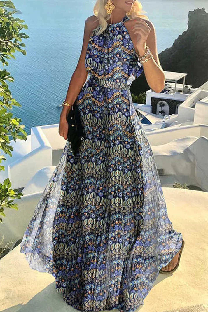 Elena | Dames Halterjurk Boho Maxi Geplooide Strand Vakantie