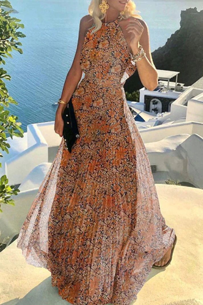 Elena | Dames Halterjurk Boho Maxi Geplooide Strand Vakantie