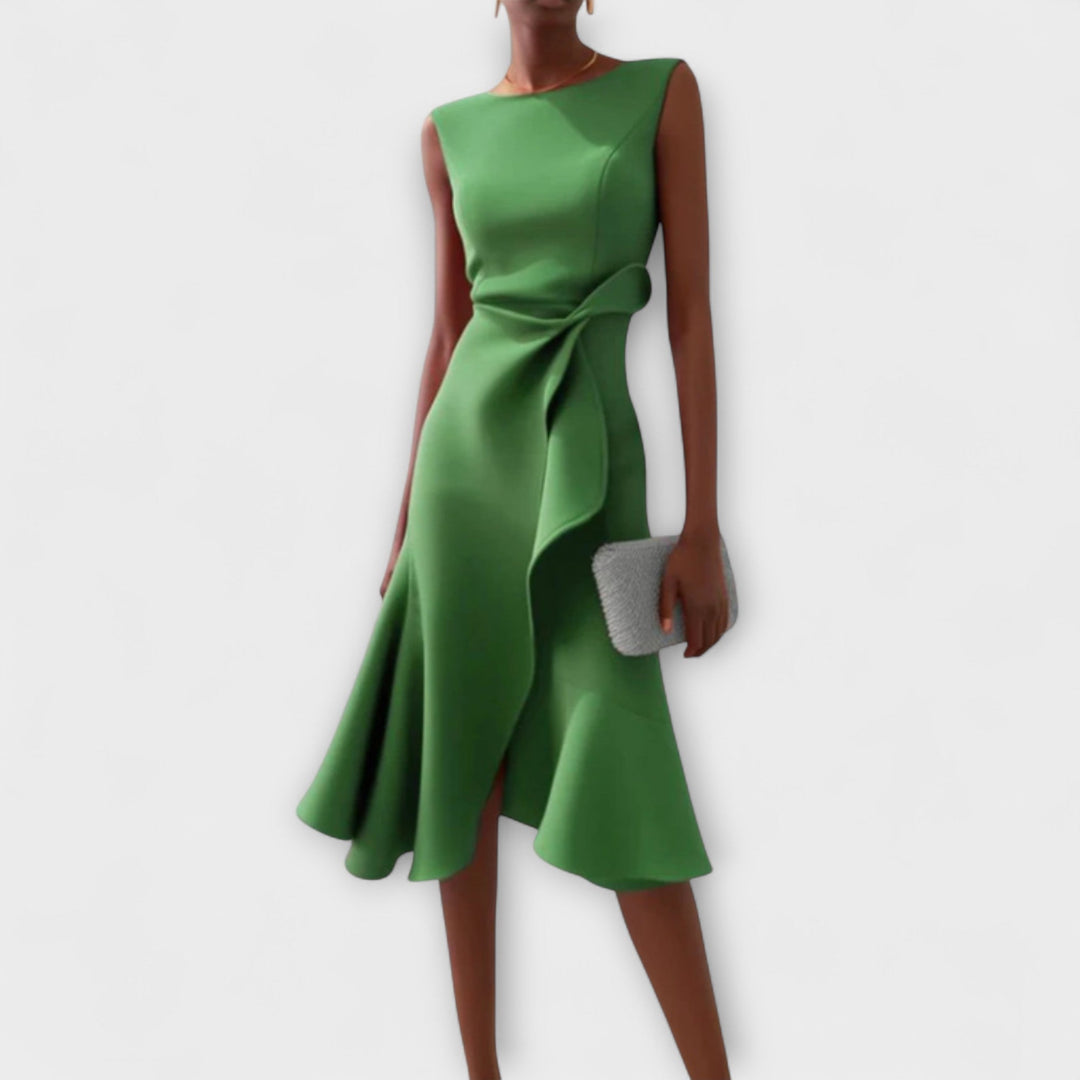 Eline | Elegante Dames Midi Jurk Geplooid Asymmetrisch