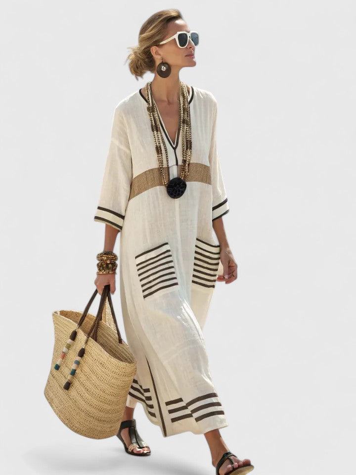 Estelle | Relaxte Dames Maxi-Jurk V-hals Gestreepte Zomerjurk Boho
