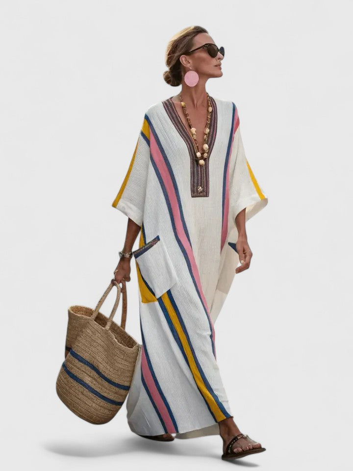 Estelle | Relaxte Dames Maxi-Jurk V-hals Gestreepte Zomerjurk Boho