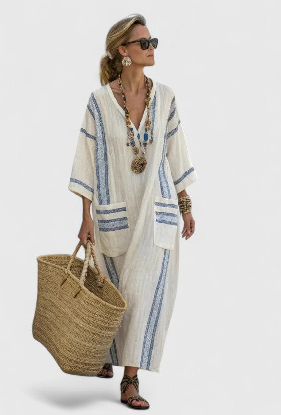 Estelle | Relaxte Dames Maxi-Jurk V-hals Gestreepte Zomerjurk Boho
