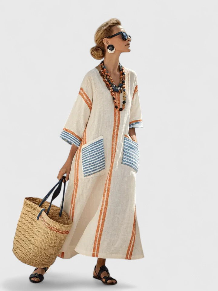 Estelle | Relaxte Dames Maxi-Jurk V-hals Gestreepte Zomerjurk Boho