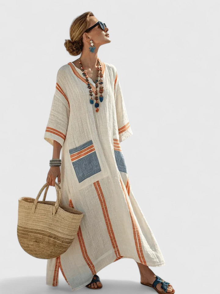 Estelle | Relaxte Dames Maxi-Jurk V-hals Gestreepte Zomerjurk Boho