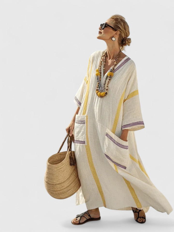 Estelle | Relaxte Dames Maxi-Jurk V-hals Gestreepte Zomerjurk Boho