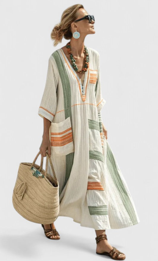 Estelle | Relaxte Dames Maxi-Jurk V-hals Gestreepte Zomerjurk Boho