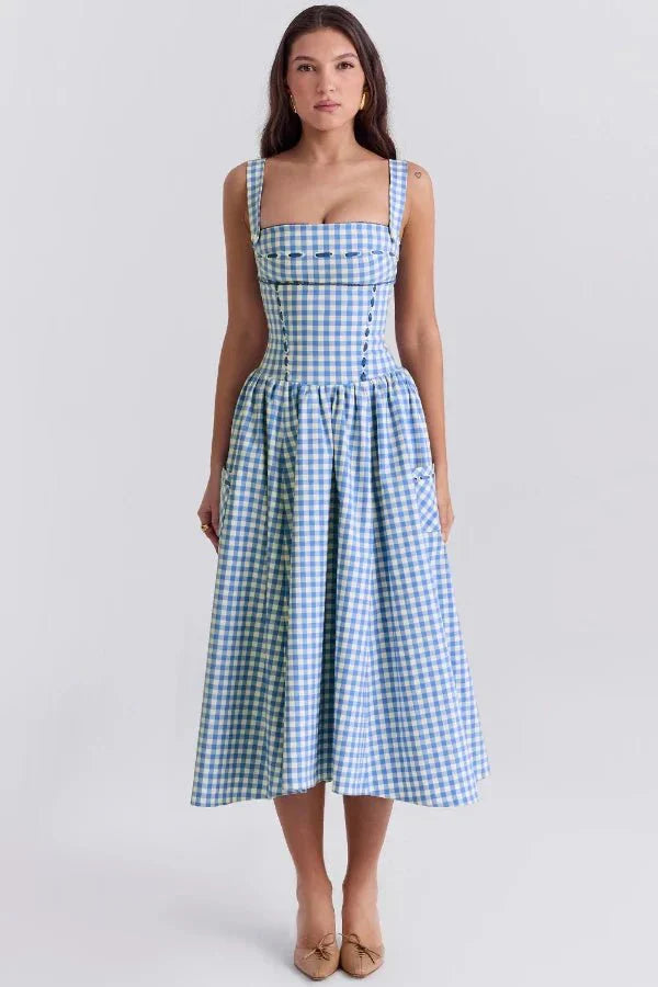 Evi | Dames Midi-Zomerjurk Gingham-Patroon Zakken