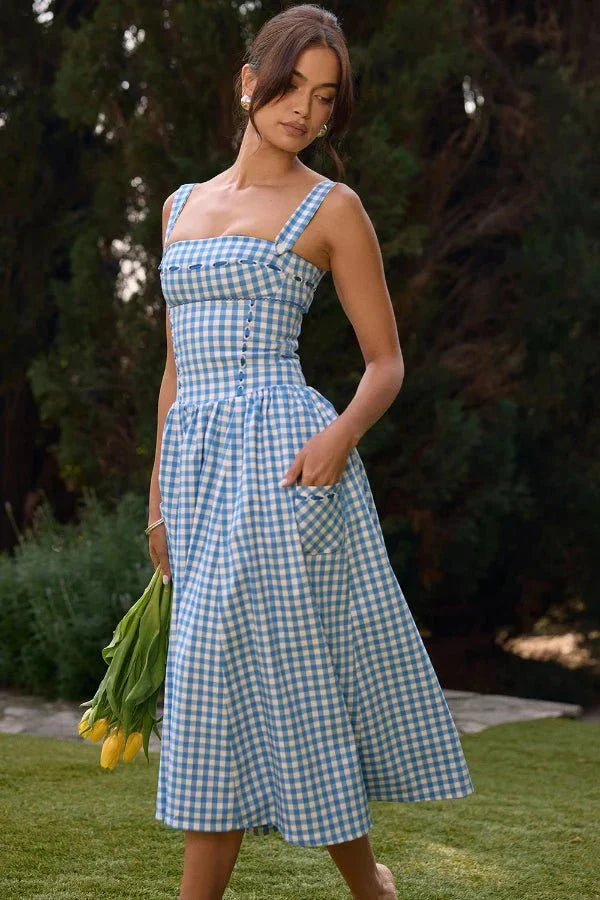 Evi | Dames Midi-Zomerjurk Gingham-Patroon Zakken