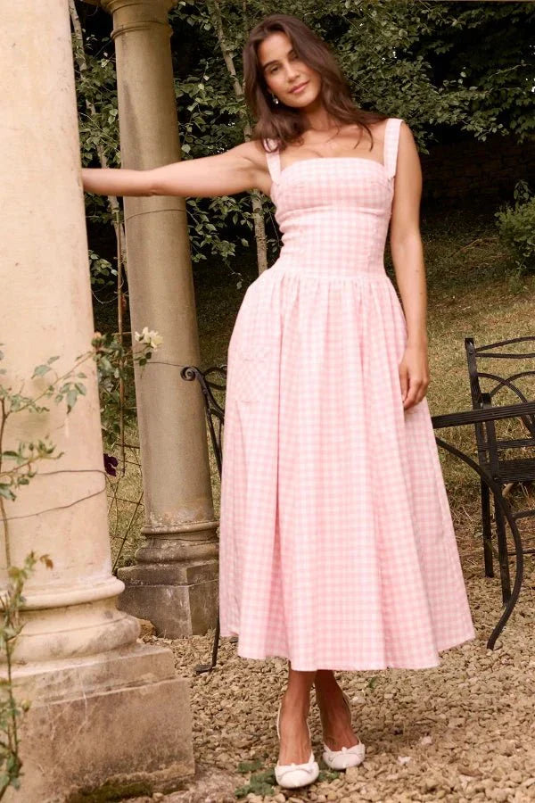 Evi | Dames Midi-Zomerjurk Gingham-Patroon Zakken