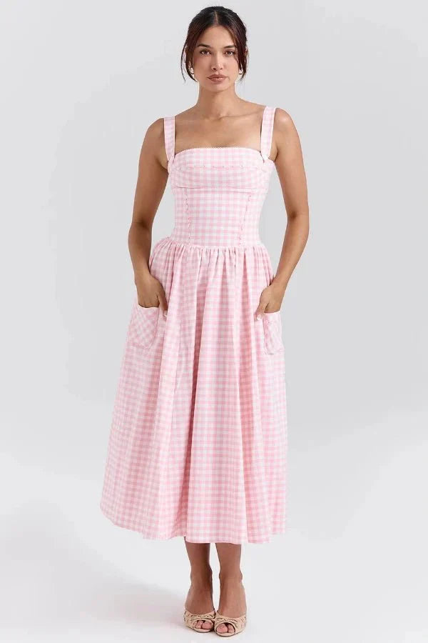 Evi | Dames Midi-Zomerjurk Gingham-Patroon Zakken