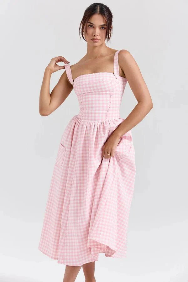 Evi | Dames Midi-Zomerjurk Gingham-Patroon Zakken