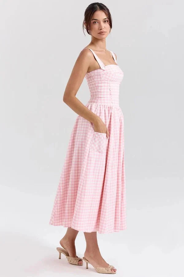 Evi | Dames Midi-Zomerjurk Gingham-Patroon Zakken