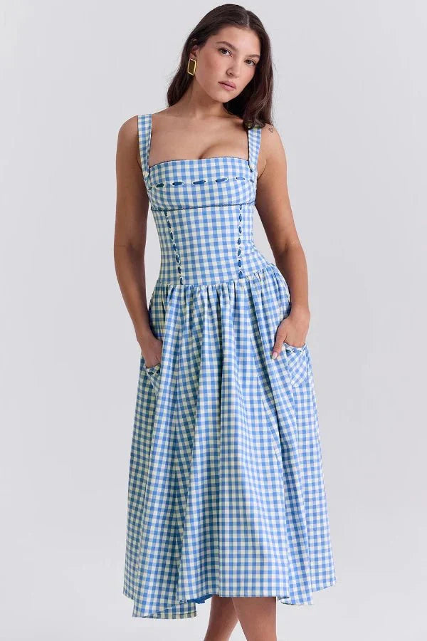 Evi | Dames Midi-Zomerjurk Gingham-Patroon Zakken