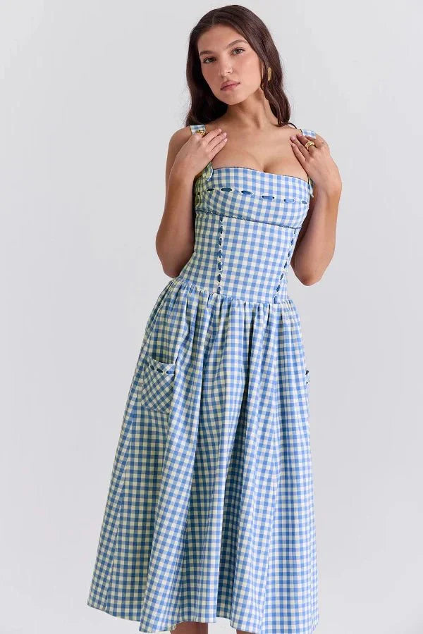 Evi | Dames Midi-Zomerjurk Gingham-Patroon Zakken