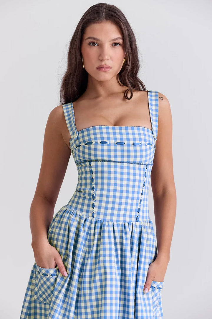 Evi | Dames Midi-Zomerjurk Gingham-Patroon Zakken