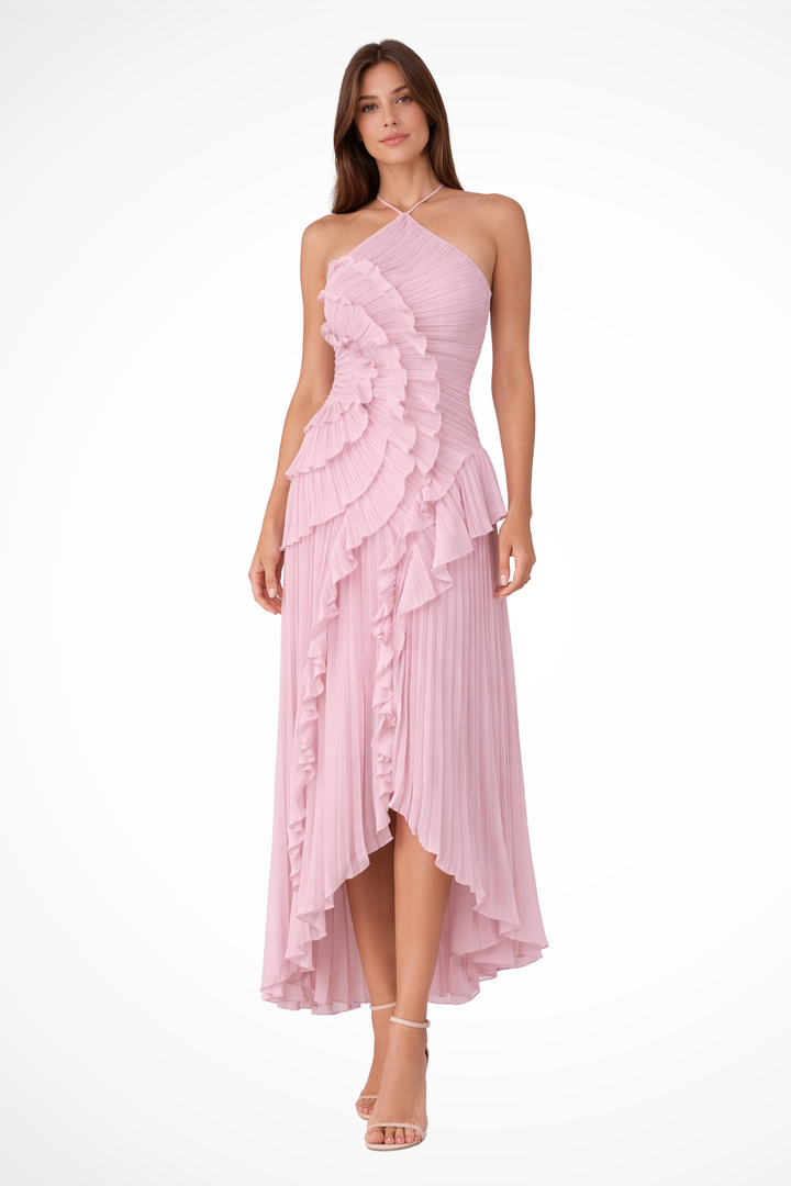 Feline | Women's Plissé Halter-nek Bruiloft Gast Jurk Open Rug