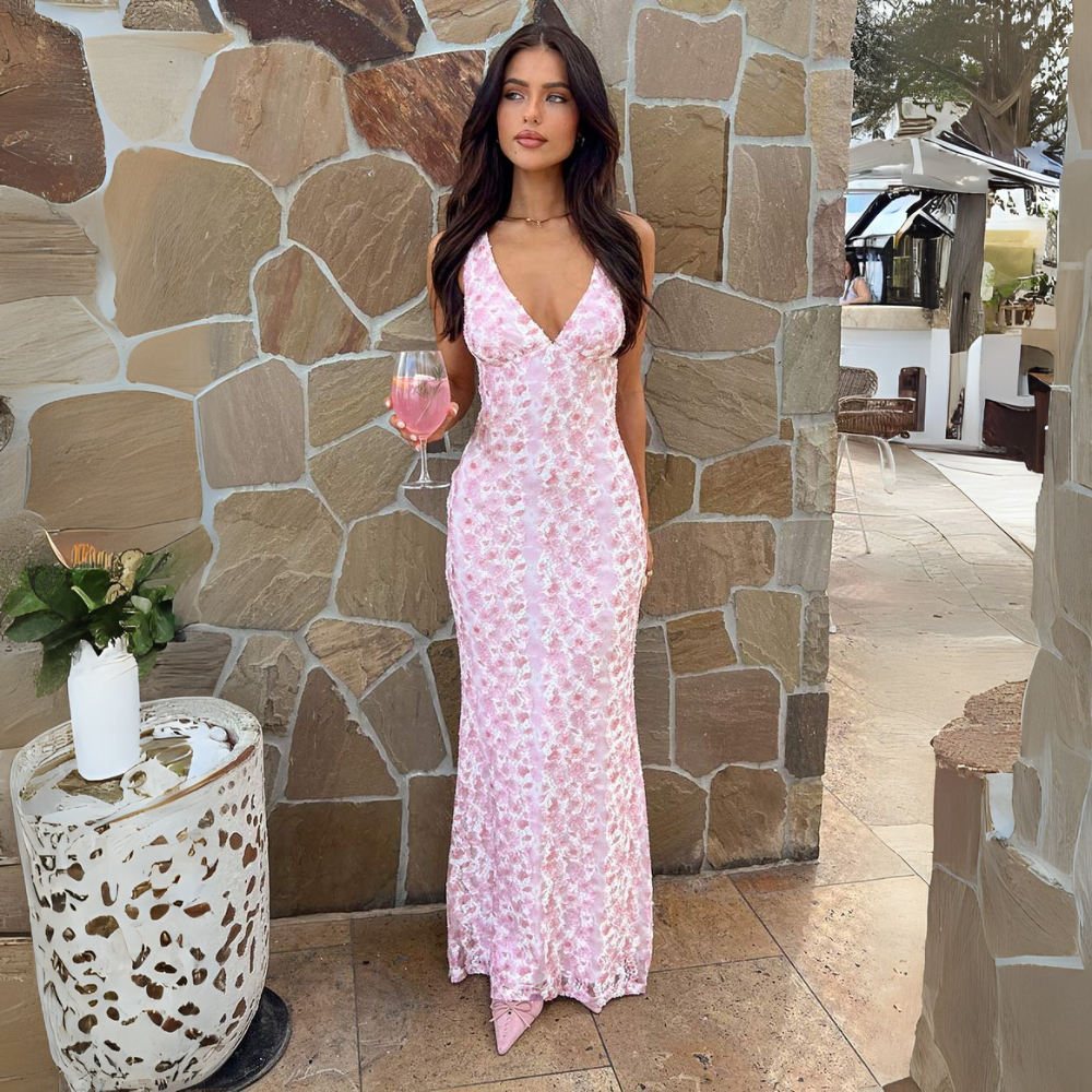 Fenna | Dames Bruiloft Gast Jurk Bloemen V-Hals Maxi