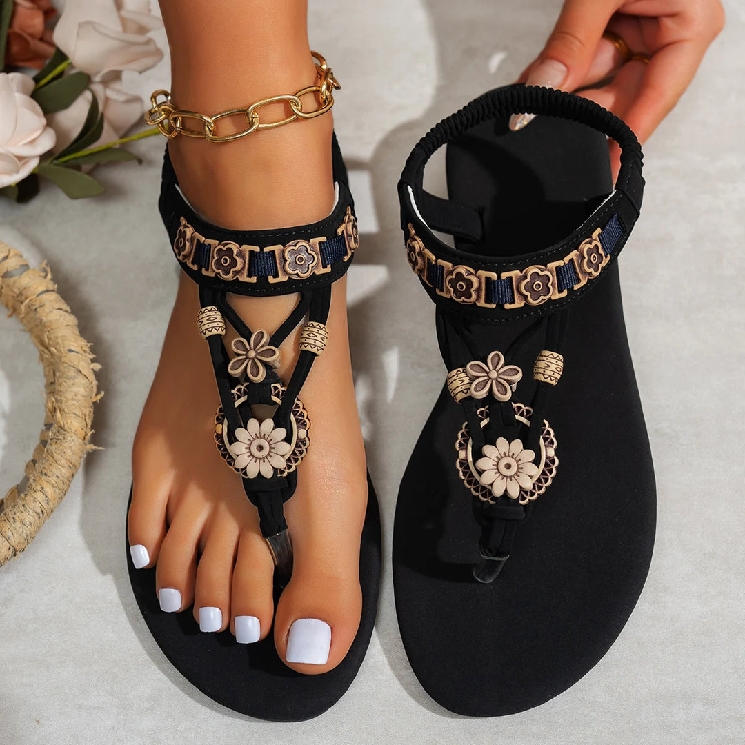 Fenna | Dames Boho Sandalen Platte Hak Ronde Teen Kralen