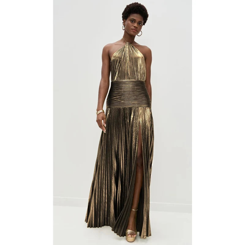 Fenna | Dames Halter Jurk Mouwloos Maxi Feest Geplooide