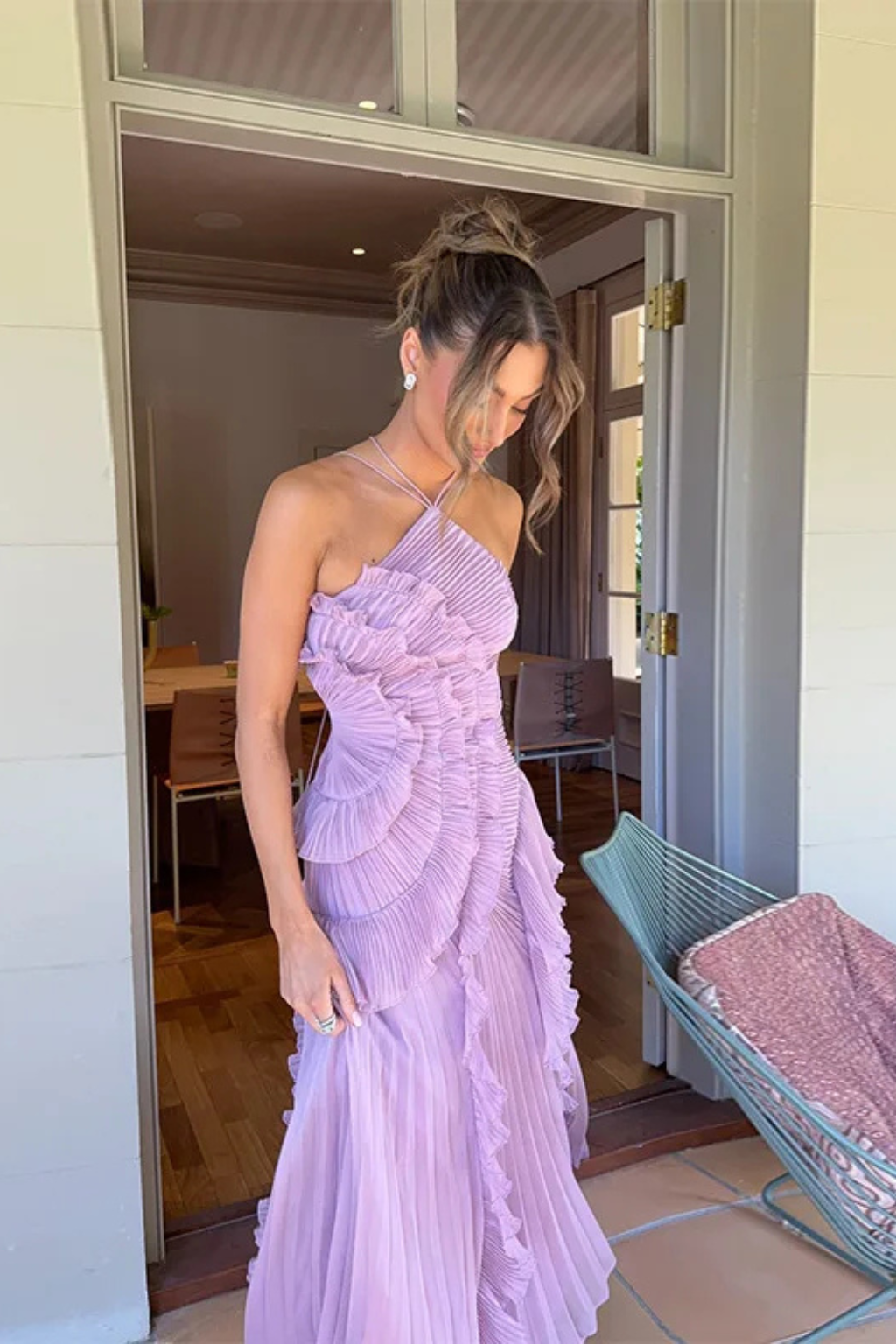 Fenne | Dames Halter Maxi-jurk Ruches Open Rug Bruiloft Gast