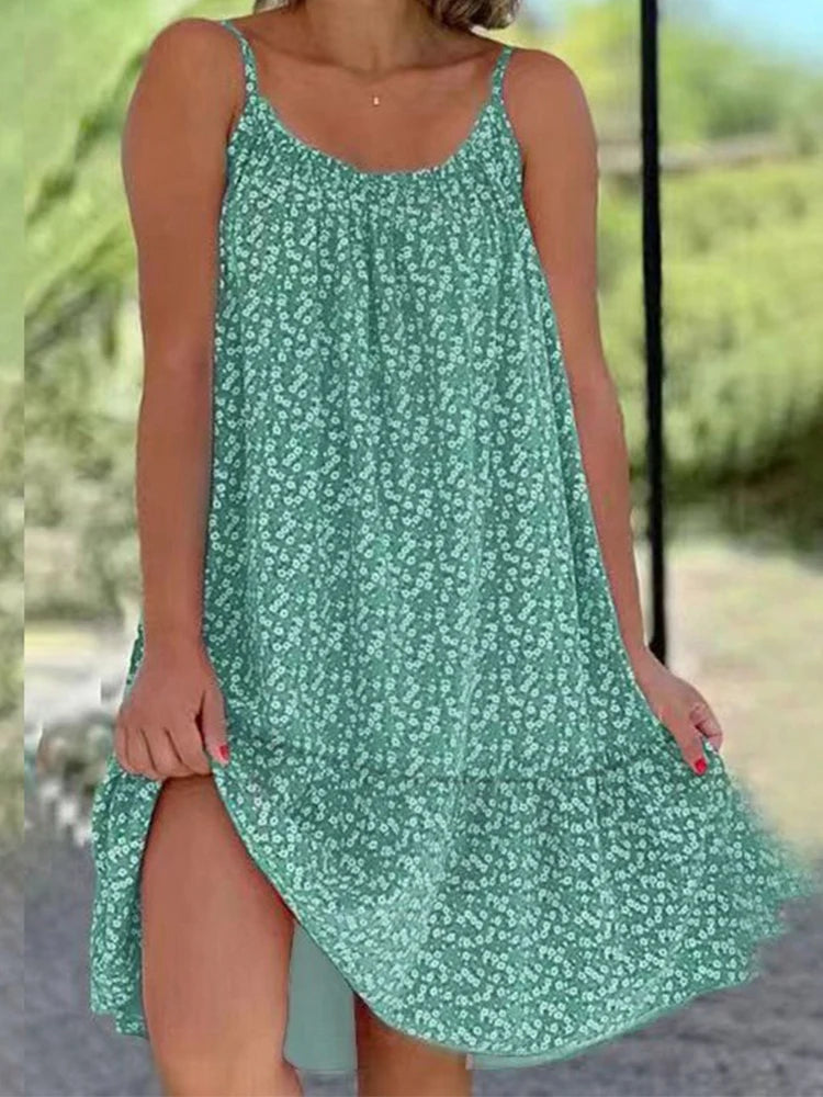 Fien | Dames Zomer Bloemen Print Spaghetti Bandjes Swing Mini Jurk