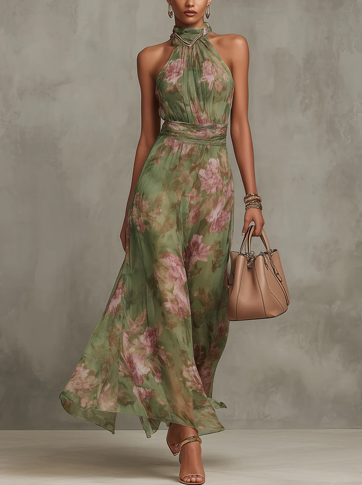Fleur | Dames Halter Chiffon Bloemen Mouwloos Feestelijk
