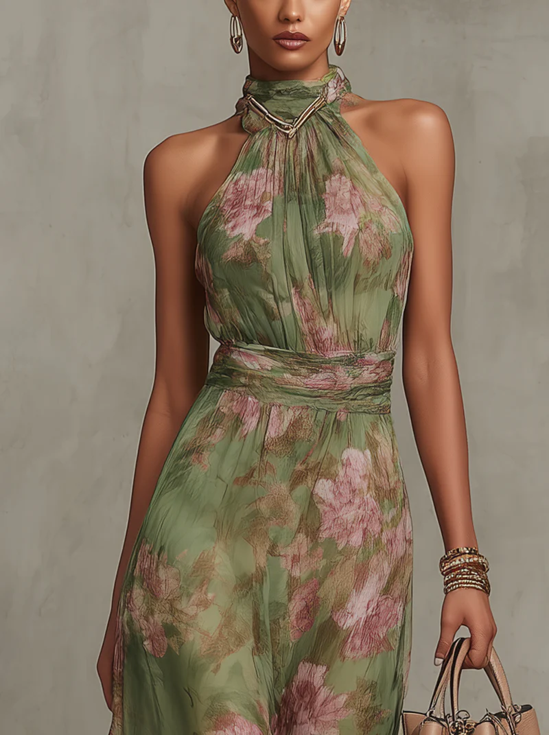 Fleur | Dames Halter Chiffon Bloemen Mouwloos Feestelijk