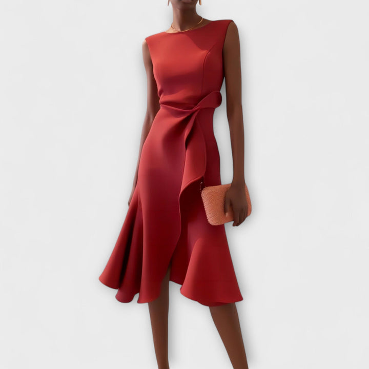 Gianna | Elegante Geplooide Midi Jurk met Asymmetrische Drapering