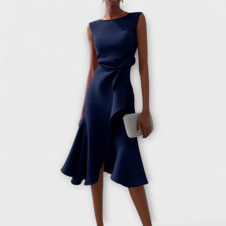 Gianna | Elegante Geplooide Midi Jurk met Asymmetrische Drapering