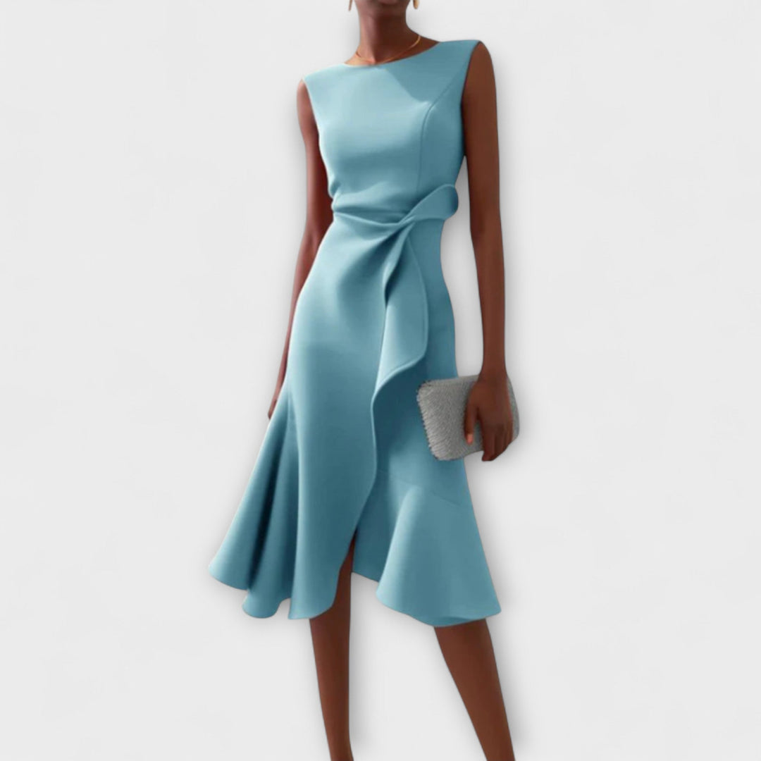 Gianna | Elegante Geplooide Midi Jurk met Asymmetrische Drapering
