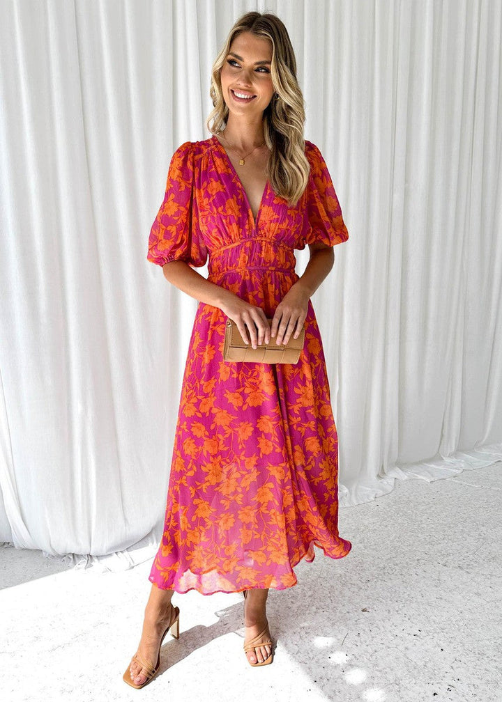 Giulietta | Elegante Dames Bloemen Midi Jurk met Pofmouwen en V-hals