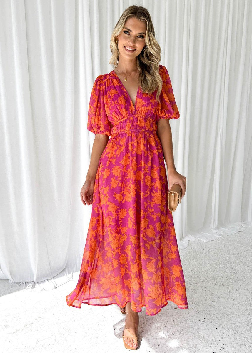 Giulietta | Elegante Dames Bloemen Midi Jurk met Pofmouwen en V-hals