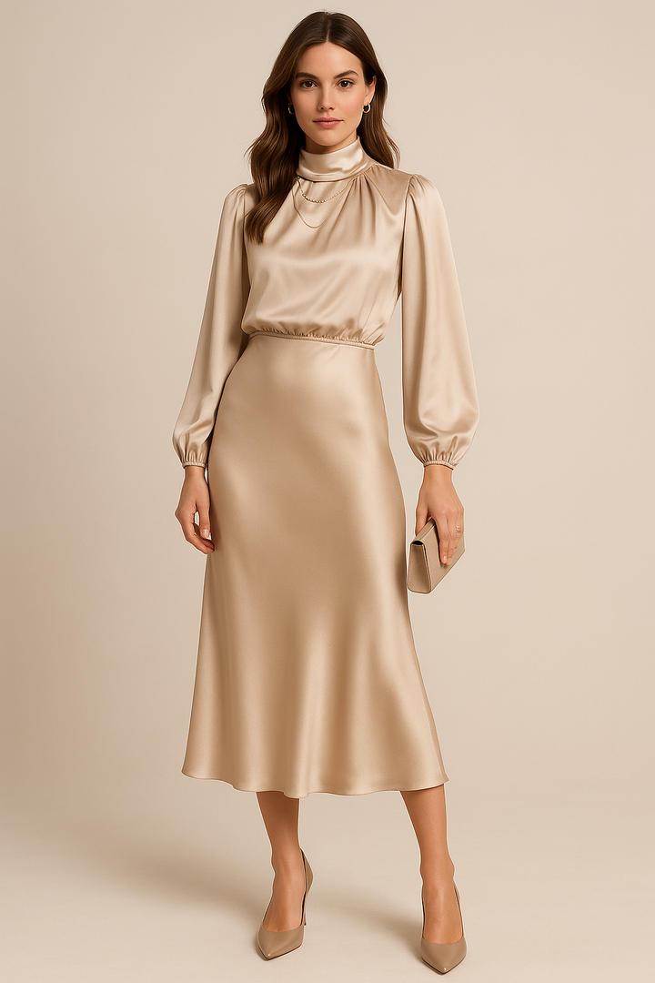 Gloriana | Elegante Dames High-Waist Midi Jurk met Hooggesloten Hals